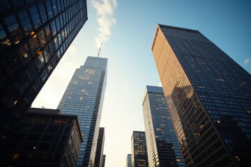 Tall buildings ascend towards bright sky, downtown LA, late morning , photo, view, cityscape