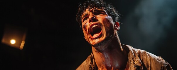 A dramatic scene featuring a man passionately expressing intense emotions, illuminated by dim lighting, capturing a moment of raw energy and struggle.