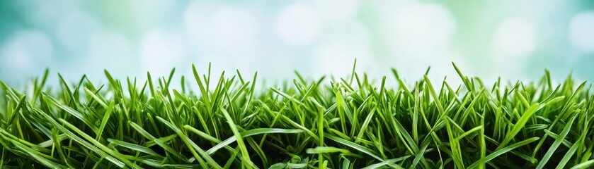 Fototapeta premium A close-up view of vibrant green grass blades against a soft, blurred background, showcasing nature's beauty and freshness.