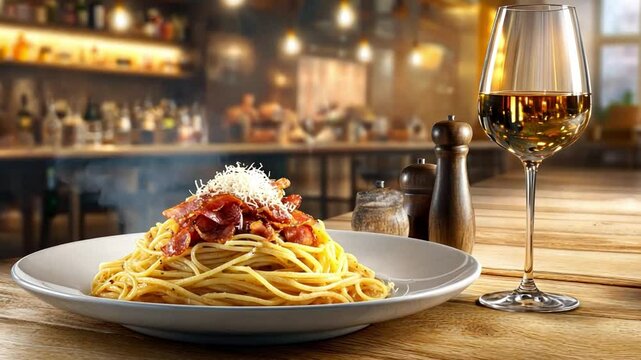 Pasta Carbonara Restaurant Scene: A steaming plate of delicious carbonara pasta, garnished with parmesan cheese and crispy pancetta, sits on a rustic wooden table next to a glass of crisp white wine.