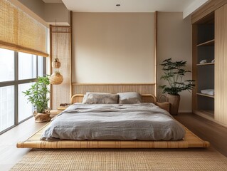 Zen inspired bedroom features natural materials and calming colors