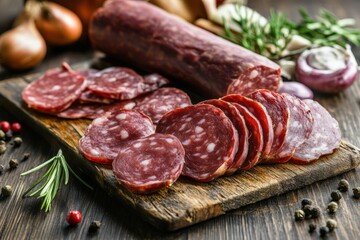 Sliced salami on rustic wooden board with herbs and spices