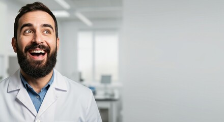 Obraz premium Smiling Doctor in Lab Coat Looking Excited in Modern Medical Office Setting