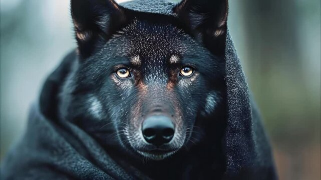 A close-up of a black wolf wrapped in a dark blanket, showcasing its piercing eyes and sleek fur.