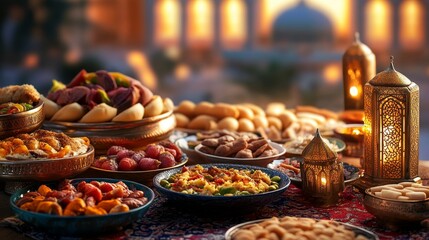 Fototapeta premium Arabic food assortment, with closeup mosque background, iftar greeting background, Ramadan Kareem concept