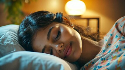 Close up of a happy young Indian woman sleeping on a white pillow in her bed at home, generative AI