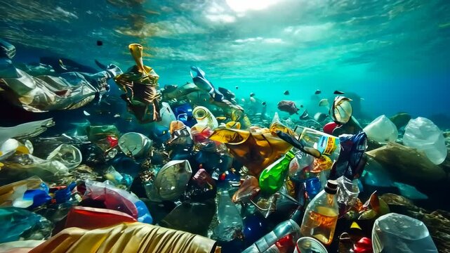 A bottle of beer is floating in a sea of plastic bottles. Concept of pollution and waste, highlighting the negative impact of human activity on the environment