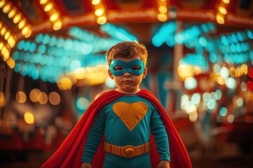 Young caucasian child in superhero costume at night carnival with lights