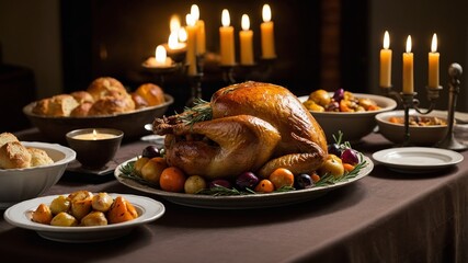 Thanksgiving dinner display featuring a beautifully roasted turkey and a variety of side dishes with warm candlelight ambiance