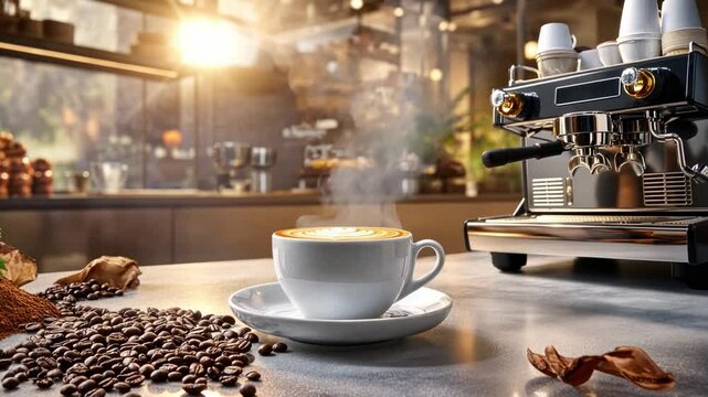 Coffee Shop Ambiance: A steaming cup of cappuccino sits on a marble countertop, next to scattered coffee beans, in front of a bustling coffee machine, bathed in the warm glow of the morning sun.