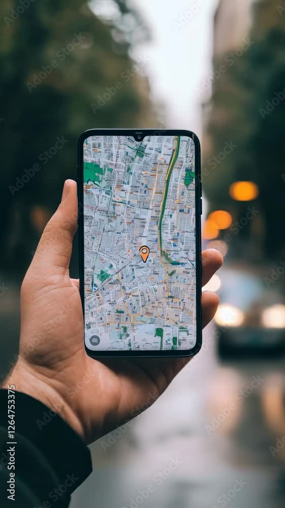 Poster Hand of traveler gripping smartphone displaying active gps navigation app, revealing modern digital wayfinding technology during urban journey with blurred background and slow motion tracking