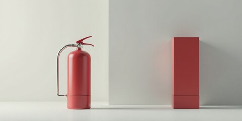 Obraz premium A red fire extinguisher and a tall rectangular box rest against a minimalist white backdrop. This scene offers a clean and modern visual presentation ideal for safety or product display purposes.