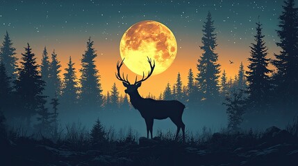 Majestic stag silhouetted against a full moon rising over a serene forest landscape at dusk