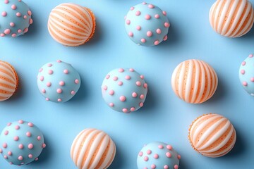 Fototapeta premium Colorful confectionery balls with pastel blue and orange patterns arranged on a soft background