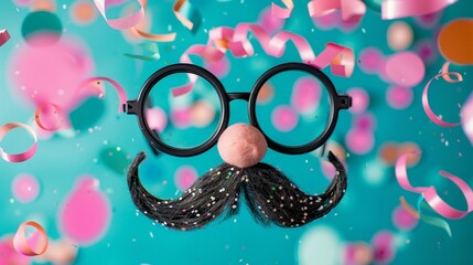 A fun party glasses and mustache with pink and teal confetti