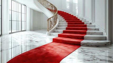 Elegant red carpet staircase in a luxurious foyer with marble floors and ornate railings