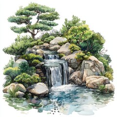 Watercolor painting of a zen garden with a small waterfall flowing into a clear pond, on isolated white background