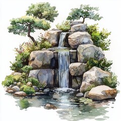 Watercolor painting of a zen garden with a small waterfall flowing into a clear pond, on isolated white background