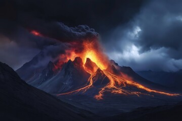 Volcano erupting at night with glowing orange lava flowing down its slopes and dark smoke and ash billowing into the sky