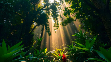 Dense Tropical Rainforest: Sunlight Filtering Through the Canopy – Lush Green Jungle Scene for Nature Enthusiasts