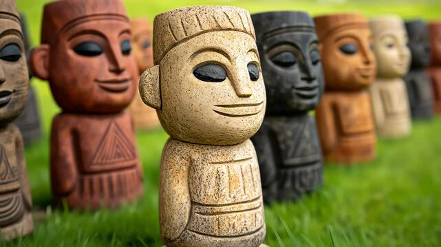 Traditional Peruvian Stone Figurines in Vibrant Colors on Grass Illustrating Cultural Heritage and Indigenous Art Cinematic Landscape Format for Stock Photography
