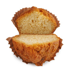 Cut in half cupcake in paper cup isolated on white background.