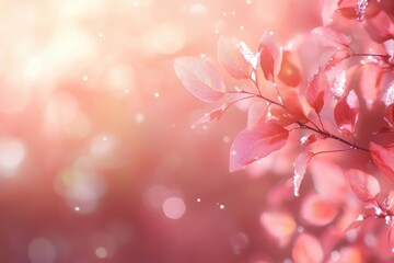 Fototapeta premium Delicate Pink Leaves with Soft Bokeh and Gentle Snowflakes on a Romantic Background