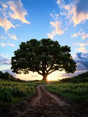 Serene sunset over majestic oak tree rural landscape nature photography tranquil environment wide angle view peaceful concept