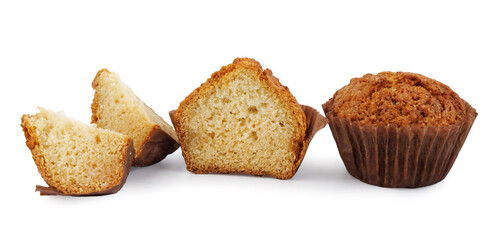 Whole and cut into pieces cupcake isolated on white background.