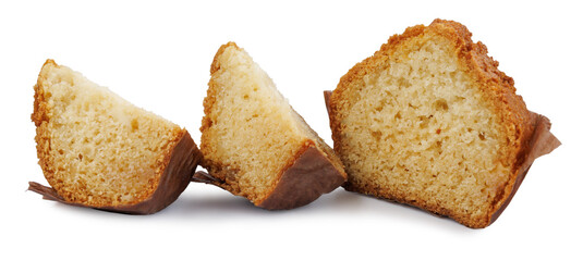 Cut into pieces cupcake isolated on white background.