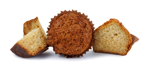 Whole and cut into pieces cupcake isolated on white background.