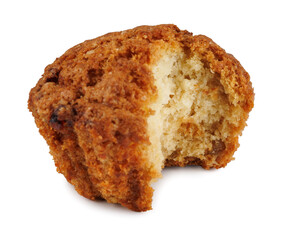 Bitten cupcake isolated on white background.