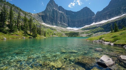 Serene mountain lake surrounded by lush greenery and towering peaks under a clear blue sky