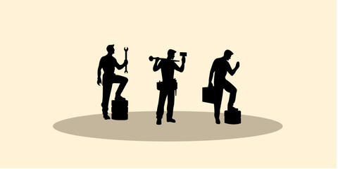 Graphic set silhouette of mechanic worker. 2D icon of man shadow dark. vector illustration.