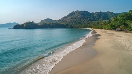 Serene tropical beach with clear turquoise water, white sand, and lush green hills.