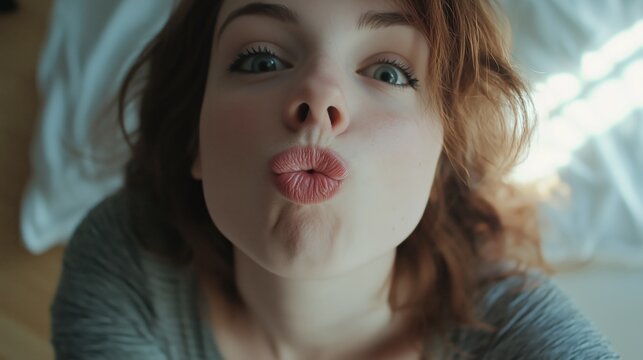Beautiful redhead woman making kissy face expression