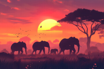 Obraz premium Herd of African elephants walking in the savanna at sunset with birds flying in the orange sky