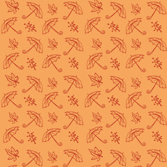 Pattern featuring autumn leaves and umbrellas on a warm orange background in a decorative design