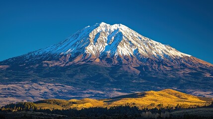 Fototapeta premium Majestic snow-capped mountain peak at sunset, with golden autumn hills in the foreground.