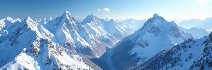 Fototapeta premium Snow-capped peaks, aerial view, winter wonderland, snow, panorama, art