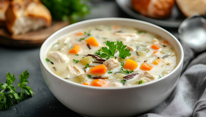 Chicken and Wild Rice Soup. Homemade fresh creamy soup with chicken, vegetables and wild rice in white bowl close up