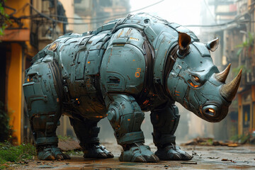 Mechanical rhinoceros roams through a futuristic urban landscape on a misty morning