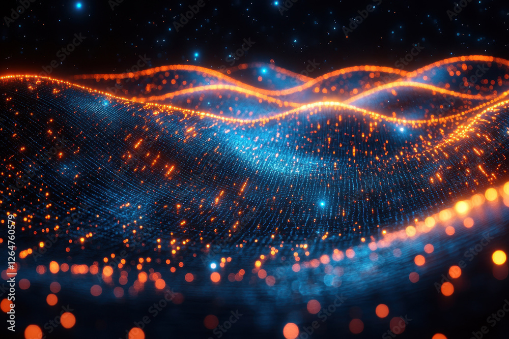 Poster visual representation of abstract waves made of light particles in a dark space