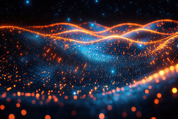 Visual representation of abstract waves made of light particles in a dark space