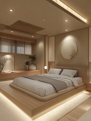 Calm bedroom features a platform bed and zen decor