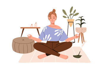 Woman meditating at home. Calm girl in yoga pose with crossed legs, practicing mindfulness and peaceful relaxation. Relaxing meditation. Flat vector illustration isolated on white background