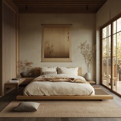 Serene bedroom with japanese aesthetics featuring a low platform bed