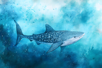 Obraz premium Watercolor painting of a whale shark swimming in the open sea.