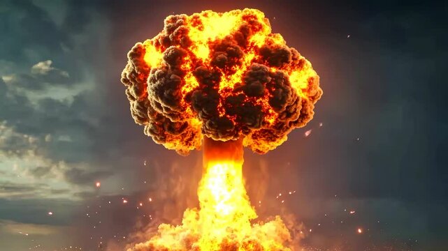 A large, fiery explosion in the sky. The sky is dark and cloudy, and the explosion is surrounded by a lot of smoke