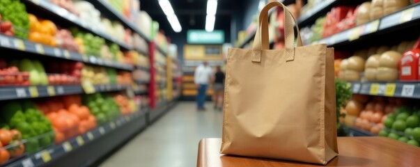 Fototapeta premium Stylish eco-friendly tote bag mockup in grocery store setting , zero waste, organic